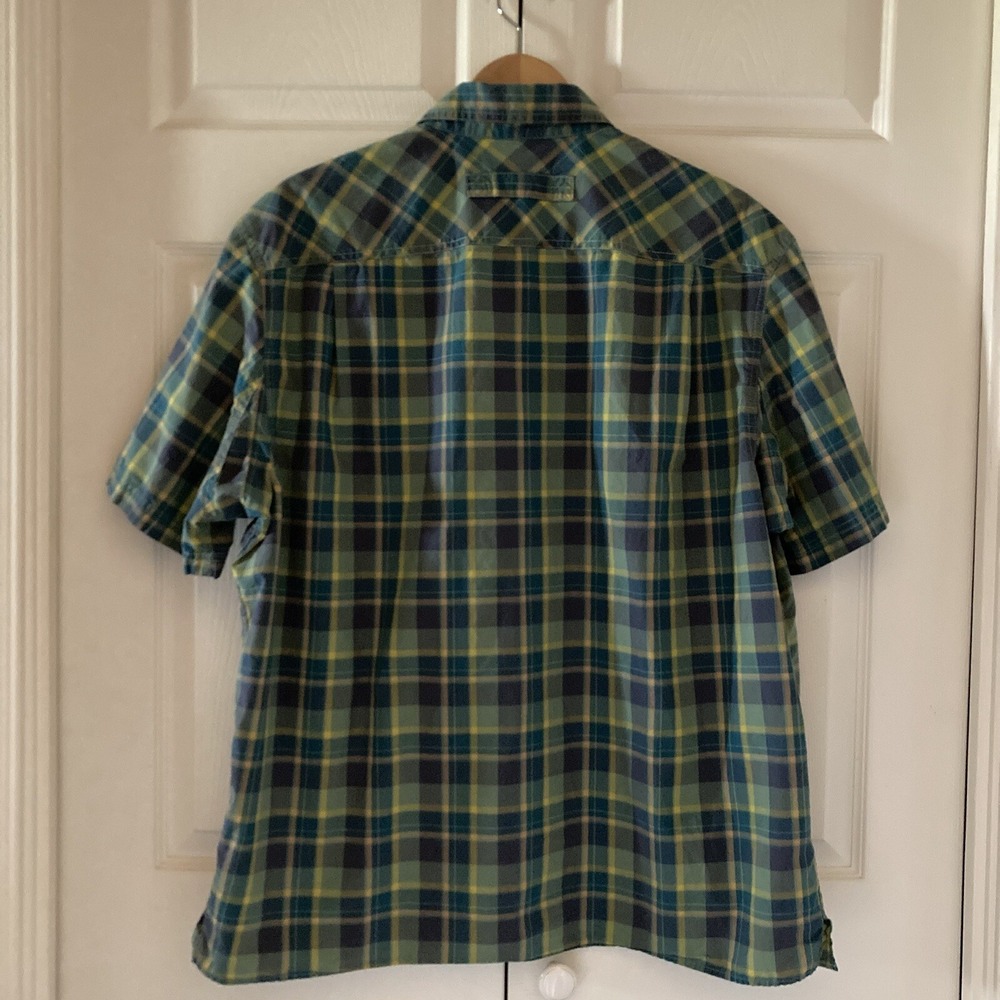 Duluth Untucked Men's L Relaxed Fit SS Button Down Plaid Cotton Shirt Green Teal - Picture 3 of 14